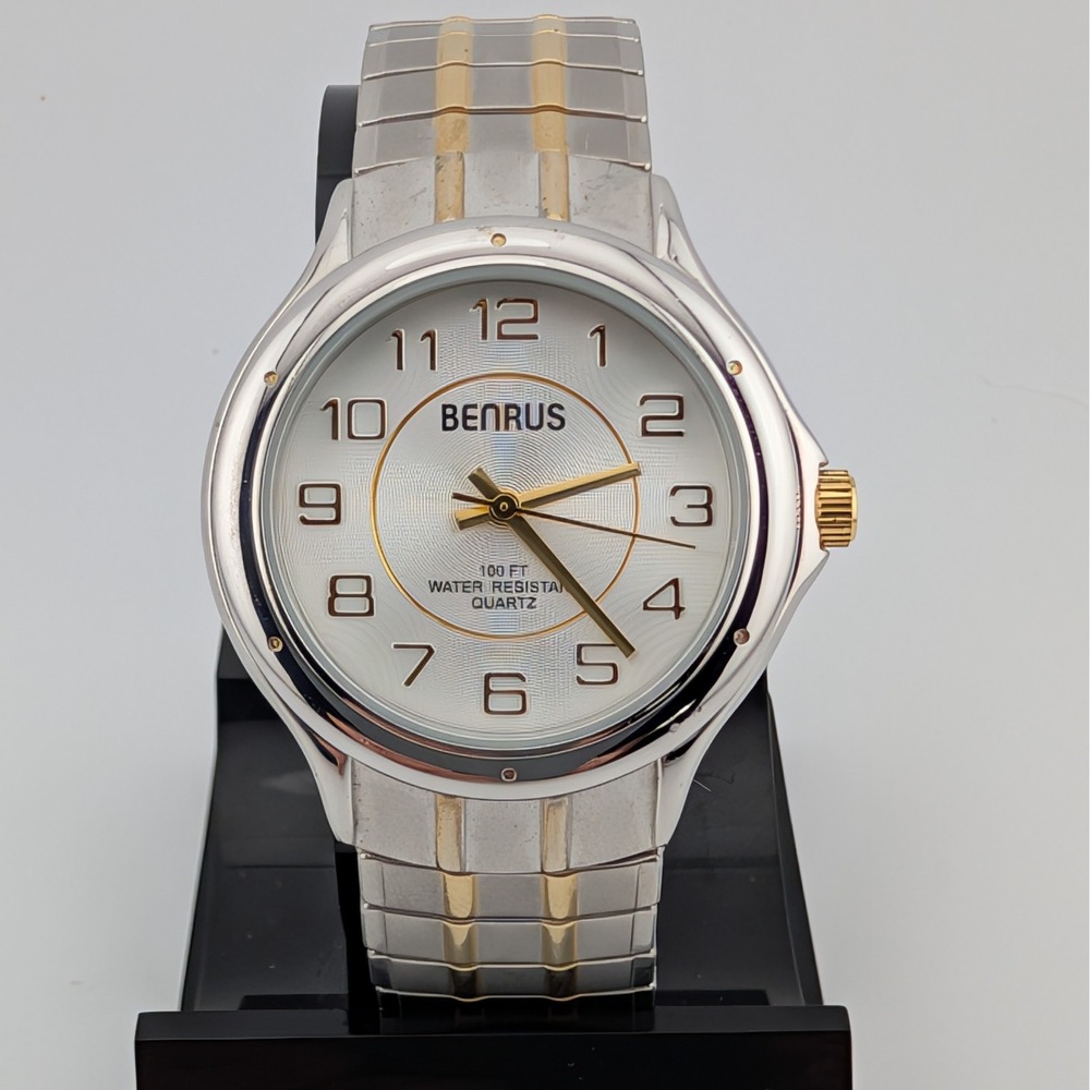 Benrus PIM239M Two Tone Quartz Watch Silver Patterned Dial Expansion Bracelet WR